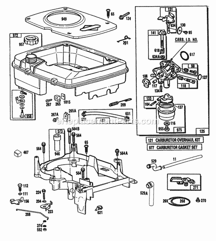 Fuel Tank AssyCarburetor Assy Diagram and Parts List for 100708-0112-02  Briggs and Stratton Engine
